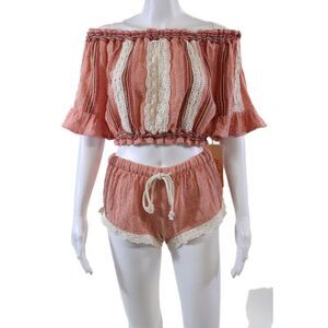 Beach Freedom Womens Off Shoulder Knit Top Short Shorts Set Orange White 1 XS